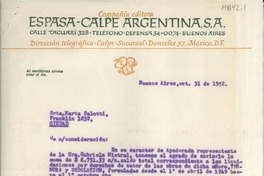 [Carta] 1952 oct. 31, Buenos Aires, [Argentina] [a] Marta [i.e. Martha] Salotti, [Argentina?]