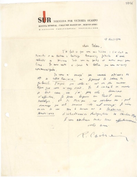 [Carta] 1944 abr. 17, [Buenos Aires] [a] Gabriela Mistral