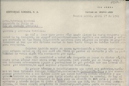 [Carta] 1940 abr. 17, Buenos Aires, [Argentina] [a] Gabriela Mistral, Legación de Chile, Rio de Janeiro, Brasil