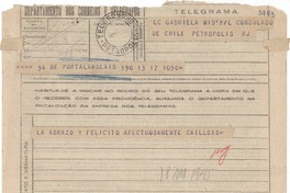 [Telegrama] 1945 nov. 18, Port á L'Anglais [Francia] [a] Gabriela Mistral, Petrópolis