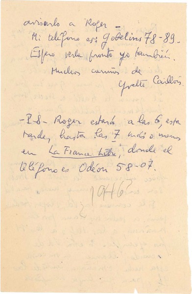 [Carta] [1946, Paris] [a] Gabriela Mistral