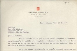 [Carta] 1940 jul. 24, Buenos Aires, [Argentina] [a] Gabriela Mistral, Consulado de Chile, Niteroi, Río de Janeiro, [Brasil]