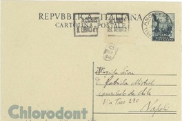 [Tarjeta postal] 1952 dic. 16, Milán [a] Gabriela Mistral, Consulado de Chile, Napoli
