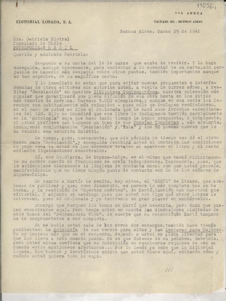 [Carta] 1941 mar. 25, Buenos Aires, [Argentina] [a] Gabriela Mistral, Consulado de Chile, Petrópolis, Brasil