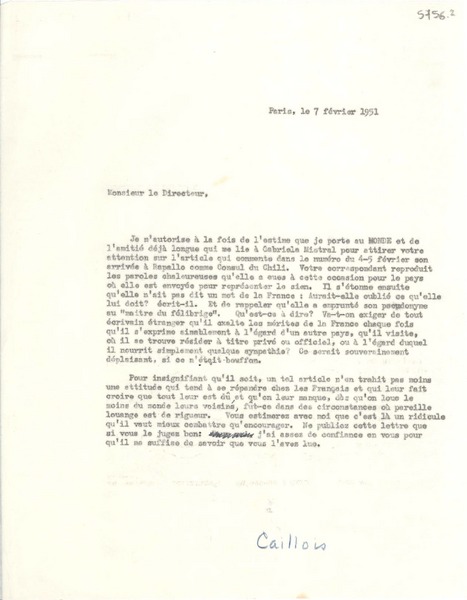 [Carta] 1951 feb. 7, Paris [a] Gabriela Mistral