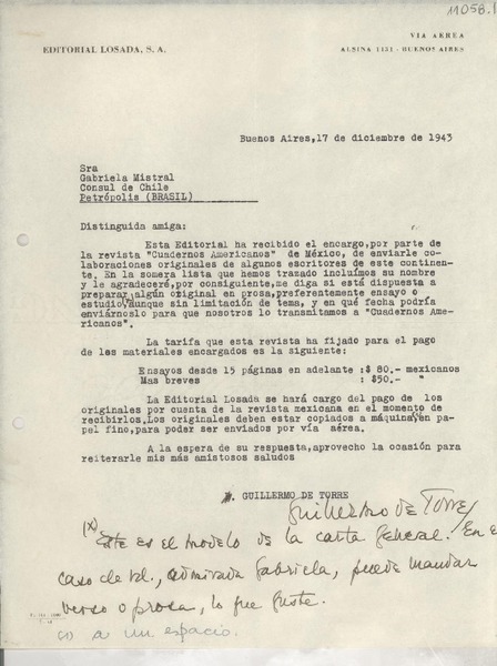 [Carta] 1943 dic. 17, Buenos Aires, [Argentina] [a] Gabriela Mistral, Cónsul de Chile, Petrópolis, Brasil