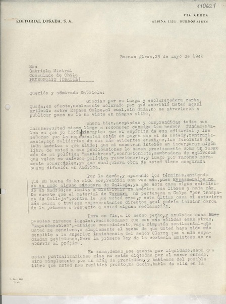 [Carta] 1944 mayo 23, Buenos Aires, [Argentina] [a] Gabriela Mistral, Consulado de Chile, Petrópolis, Brasil