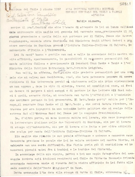 [Carta] 1952 jun. 3, Santiago de Chile [a] Gabriela Mistral