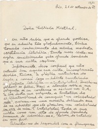 [Carta] 1943 set. 21, Rio [de Janeiro, Brasil] [a] Gabriela Mistral
