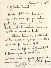 [Carta] 1946 jun. 9, Firenze, [Italia] [a] Gabriela Mistral