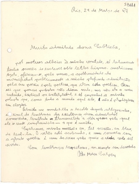 [Carta] 1944 março 24, Rio [de Janeiro, Brasil] [a] Gabriela [Mistral]