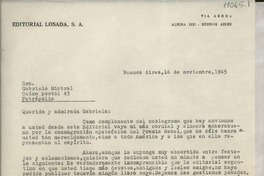 [Carta] 1945 nov. 16, Buenos Aires, [Argentina] [a] Gabriela Mistral, Petrópolis, [Brasil]