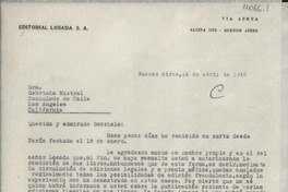 [Carta] 1946 abr. 24, Buenos Aires, [Argentina] [a] Gabriela Mistral, Consulado de Chile, Los Angeles, California, [EE.UU.]