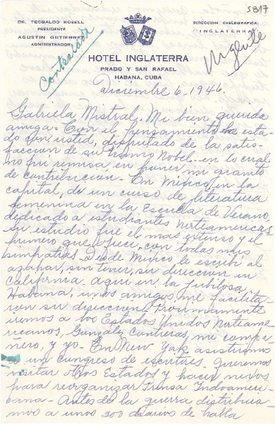 [Carta] 1946 dic. 6, La Habana, Cuba [a] Gabriela Mistral