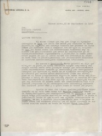 [Carta] 1946 sept. 13, Buenos Aires, [Argentina] [a] Gabriela Mistral, California, [EE.UU.]