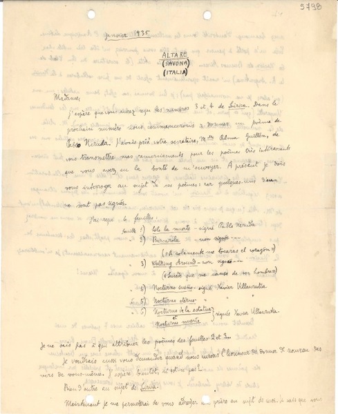 [Carta] 1935 ene., Altare, Savona, Italia [a] Gabriela Mistral
