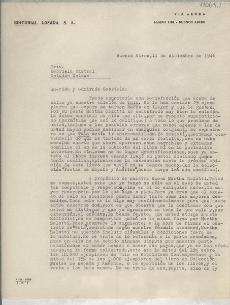 [Carta] 1946 dic. 11, Buenos Aires, [Argentina] [a] Gabriela Mistral, Estados Unidos