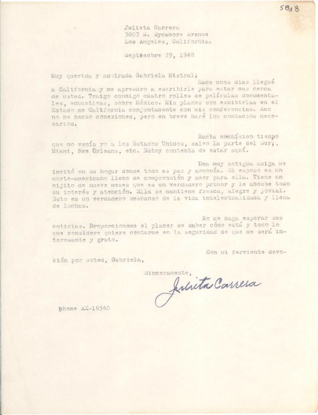 [Carta] 1948 sept. 29, Los Angeles, California, [EE.UU.] [a] Gabriela Mistral