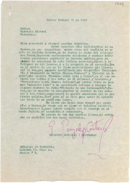 [Carta] 1949 feb. 21, Embajada de Venezuela, México D.F. [a] Gabriela Mistral, Veracruz, [México]