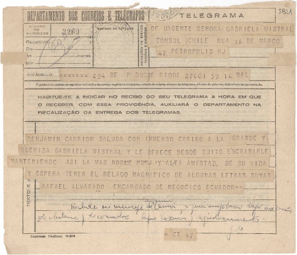 [Telegrama] 1945 nov. 16, Rio de Janeiro, [Brasil] [a] Gabriela Mistral, Petrópolis, RJ, [Brasil]