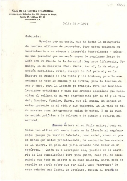 [Carta] 1954 jul. 24, [Quito, Ecuador] [a] Gabriela [Mistral]