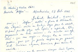 [Carta] 1941 oct. 27, Montevideo, [Uruguay] [a] Gabriela Mistral