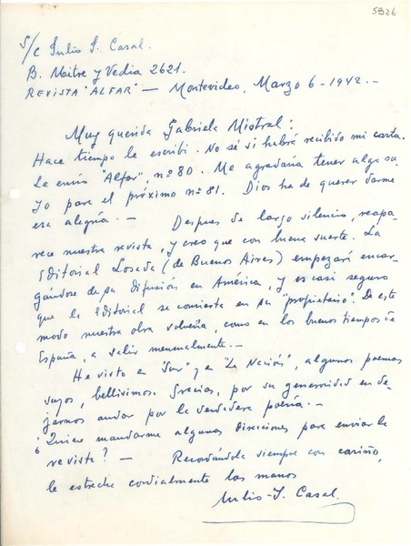 [Carta] 1942 mar. 6, Montevideo, [Uruguay] [a] Gabriela Mistral