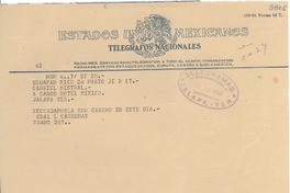 [Telegrama] 1950 mar. 24, Uruapán, Mich., [México] [a] Gabriela Mistral, Jalapa, Ver.