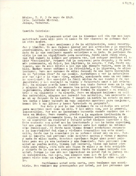 [Carta] 1949 mayo 3, México, D.F. [a] Gabriela Mistral, Jalapa, Veracruz, [México]