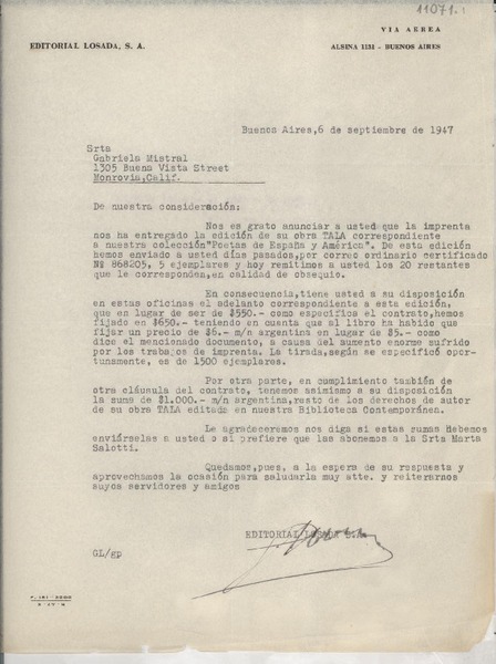 [Carta] 1947 sept. 6, Buenos Aires, [Argentina] [a] Gabriela Mistral, Monrovia, [California], [EE.UU.]