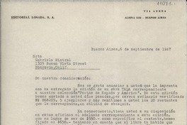 [Carta] 1947 sept. 6, Buenos Aires, [Argentina] [a] Gabriela Mistral, Monrovia, [California], [EE.UU.]