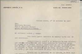 [Carta] 1947 oct. 27, Buenos Aires, [Argentina] [a] Gabriela Mistral, Santa Barbara, [California], [EE.UU.]