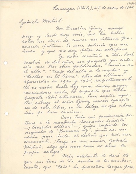 [Carta] 1944 ene. 27, Rancagua, Chile [a] Gabriela Mistral