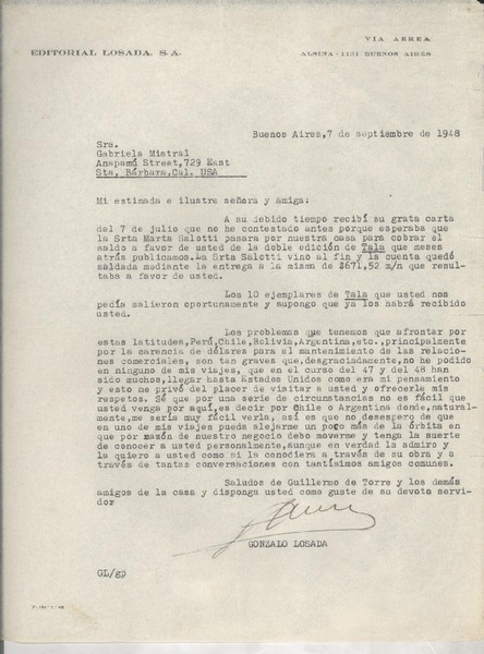 [Carta] 1948 sept. 7, Buenos Aires, [Argentina] [a] Gabriela Mistral, Sta. Bárbara, Cal[ifornia], [EE.UU.]