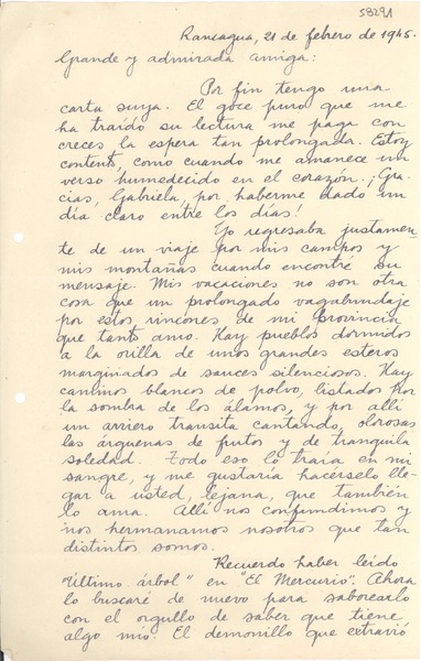[Carta] 1945 feb. 21, Rancagua, [Chile] [a] [Gabriela Mistral]