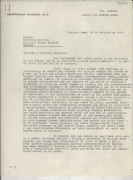 [Carta] 1948 oct. 28, Buenos Aires, [Argentina] [a] Gabriela Mistral, Palma Guillén, México