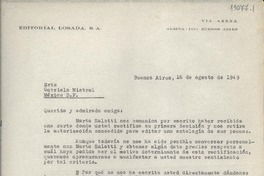 [Carta] 1949 ago. 16, Buenos Aires, [Argentina] [a] Gabriela Mistral, México D.F., [México]
