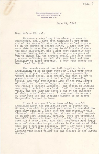 [Carta] 1946 June 24, Washington, D.C., [EE.UU.] [a] Gabriela Mistral, Chilean Consulate, Auditorium Building, Los Angeles, California, [EE.UU.]