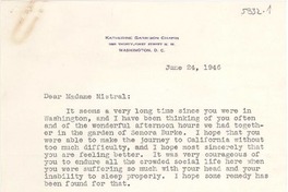 [Carta] 1946 June 24, Washington, D.C., [EE.UU.] [a] Gabriela Mistral, Chilean Consulate, Auditorium Building, Los Angeles, California, [EE.UU.]