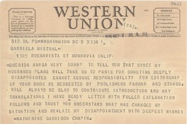 [Telegrama] 1946 nov. 9, Washington D.C., [EE.UU.] [a] Gabriela Mistral, Monrovia, Calif., [EE.UU.]