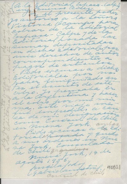 [Carta] 1955 ago. 14, Nueva York, [EE.UU.] [a la] Editorial Espasa-Calpe, Buenos Aires, [Argentina]