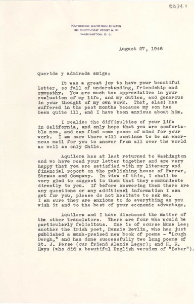 [Carta] 1946 Aug. 27, Washington, D.C., [EE.UU.] [a] Gabriela Mistral, Chilean Consulate, Auditorium Building, Los Angeles, California, [EE.UU.]
