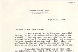 [Carta] 1946 Aug. 27, Washington, D.C., [EE.UU.] [a] Gabriela Mistral, Chilean Consulate, Auditorium Building, Los Angeles, California, [EE.UU.]