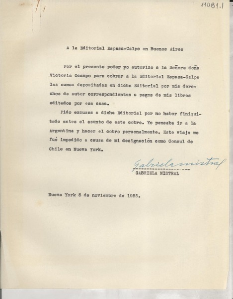 [Carta] 1955 nov. 5, Nueva York, [EE.UU.] [a la] Editorial Espasa-Calpe, Buenos Aires, [Argentina]