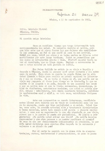 [Carta] 1951 sept. 11, México [a] Gabriela Mistral, Nápoles, Italia