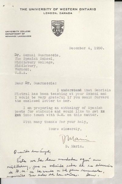 [Carta] 1950 Dec. 4, London, [Ontario], Canada [al] Dr. Samuel Guarnaccia, The Spanish School, Middlebury College, Vermont, [EE.UU.]