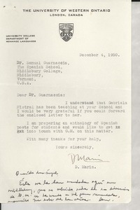 [Carta] 1950 Dec. 4, London, [Ontario], Canada [al] Dr. Samuel Guarnaccia, The Spanish School, Middlebury College, Vermont, [EE.UU.]