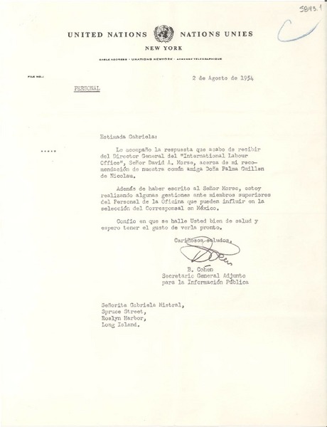 [Carta] 1954 ago. 2, [New York] [a] Gabriela Mistral, Roslyn Harbor, Long Island