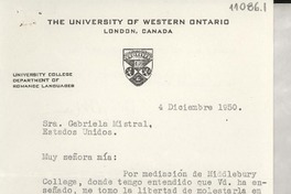 [Carta] 1950 dic. 4, London, [Ontario], Canada [a] Gabriela Mistral, [EE.UU.]