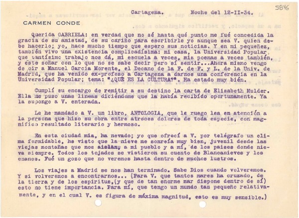 [Carta] 1934 feb. 12, Cartagena [España] [a] Gabriela Mistral